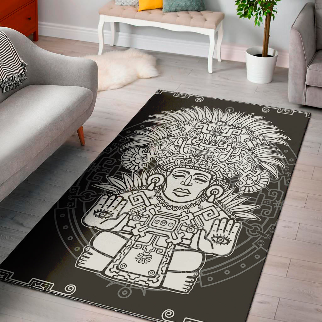 Blue And White Mayan Statue Print Area Rug