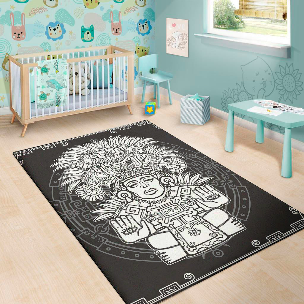 Blue And White Mayan Statue Print Area Rug