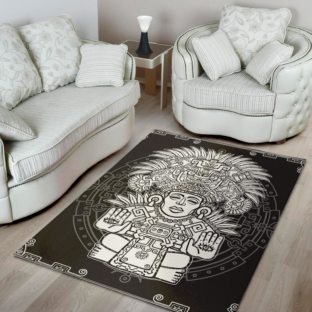 Blue And White Mayan Statue Print Area Rug