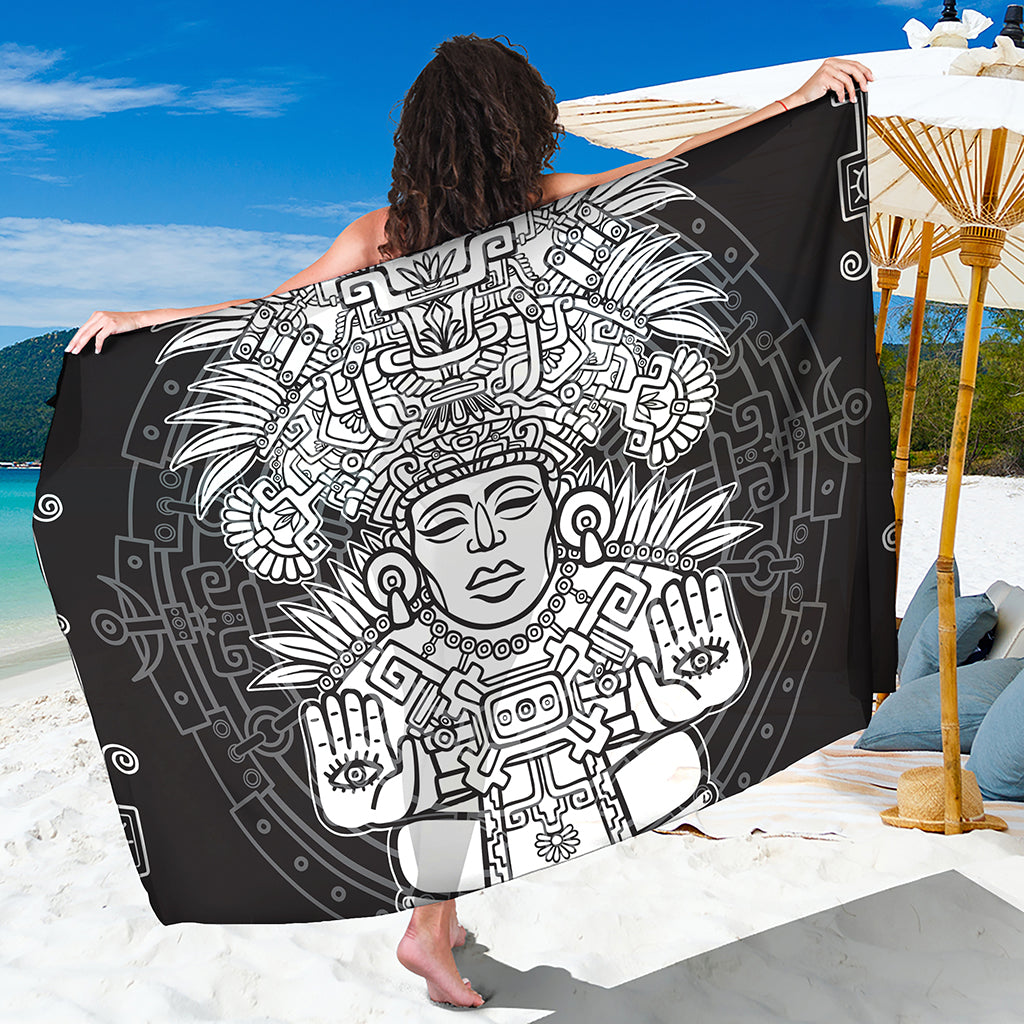 Blue And White Mayan Statue Print Beach Sarong Wrap