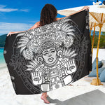 Blue And White Mayan Statue Print Beach Sarong Wrap