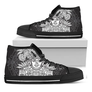 Blue And White Mayan Statue Print Black High Top Shoes