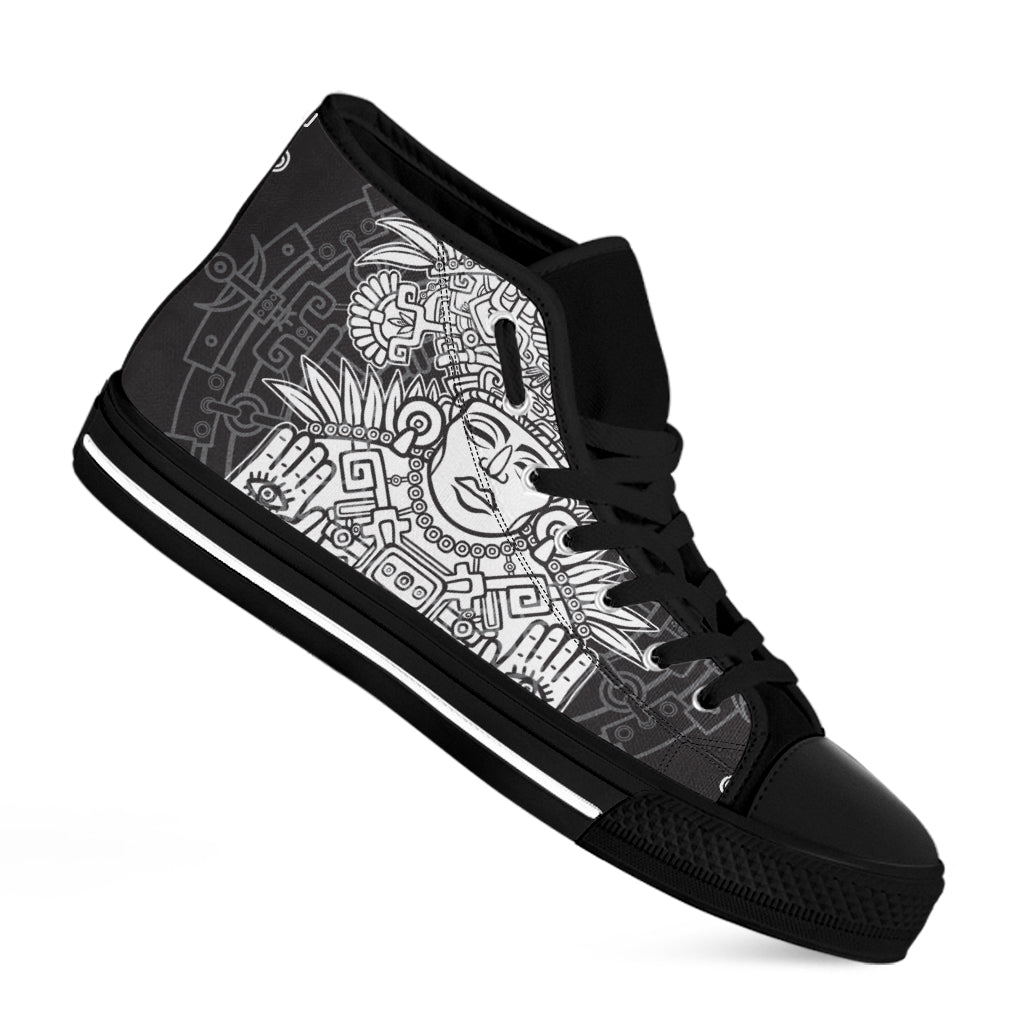 Blue And White Mayan Statue Print Black High Top Shoes