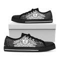 Blue And White Mayan Statue Print Black Low Top Sneakers