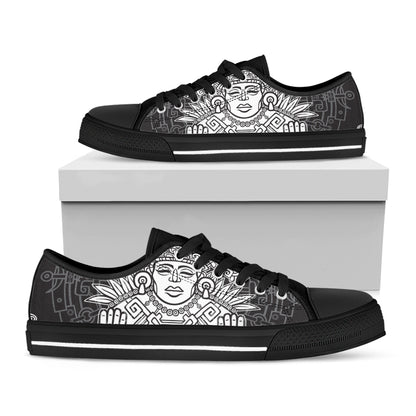 Blue And White Mayan Statue Print Black Low Top Shoes 
