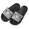 Blue And White Mayan Statue Print Black Slide Sandals