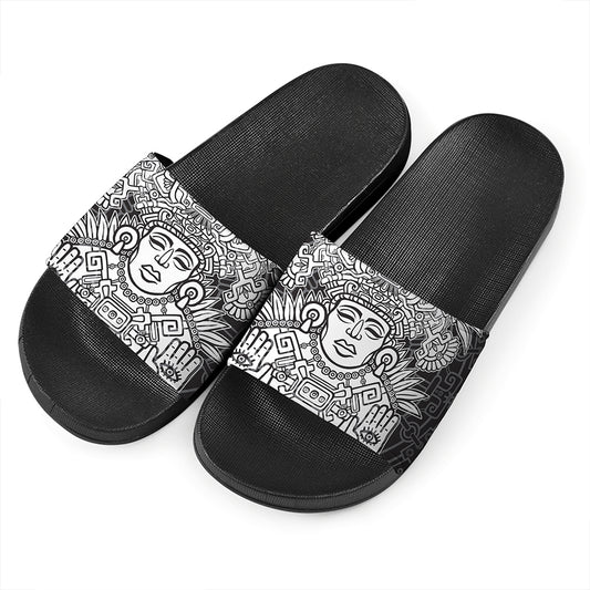 Blue And White Mayan Statue Print Black Slide Sandals
