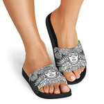 Blue And White Mayan Statue Print Black Slide Sandals