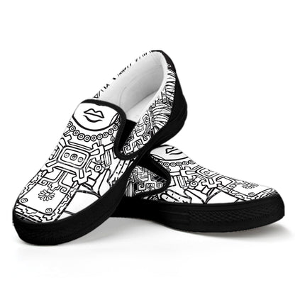 Blue And White Mayan Statue Print Black Slip On Shoes