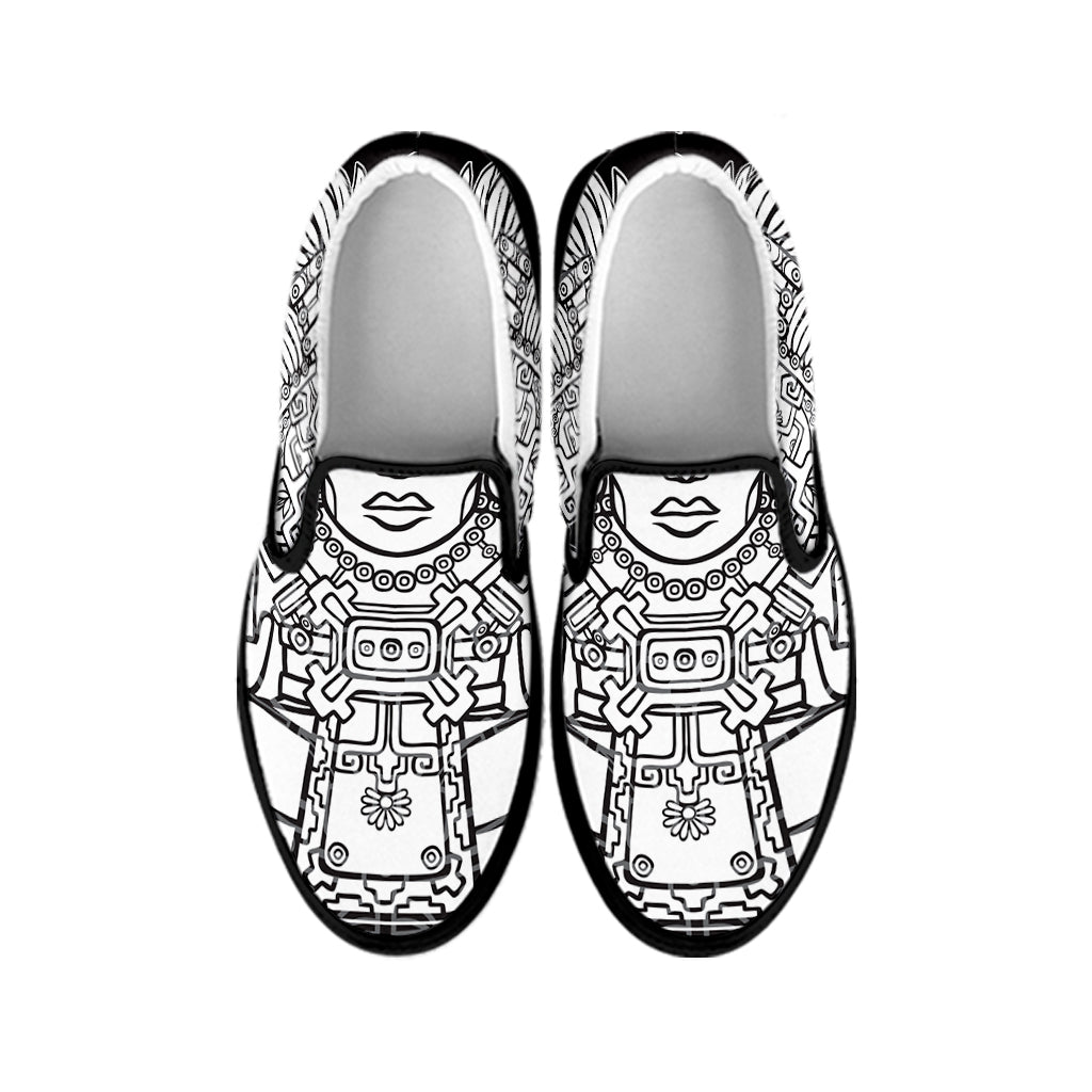 Blue And White Mayan Statue Print Black Slip On Shoes