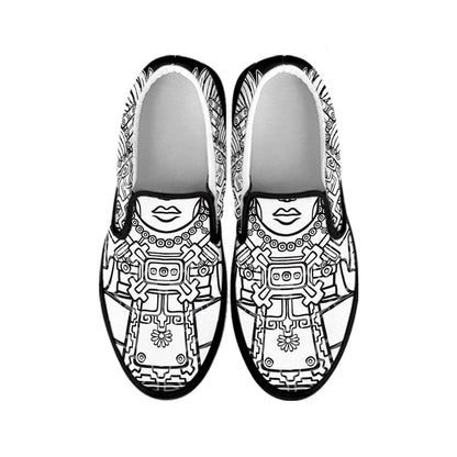Blue And White Mayan Statue Print Black Slip On Shoes