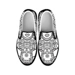 Blue And White Mayan Statue Print Black Slip On Shoes