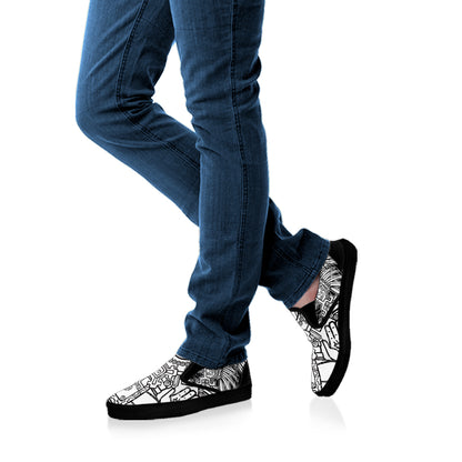 Blue And White Mayan Statue Print Black Slip On Shoes