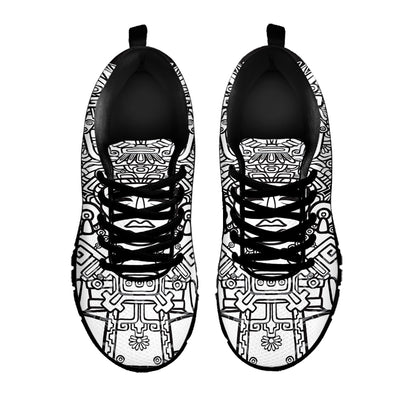 Blue And White Mayan Statue Print Black Sneakers