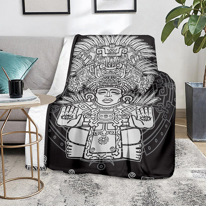 Blue And White Mayan Statue Print Blanket