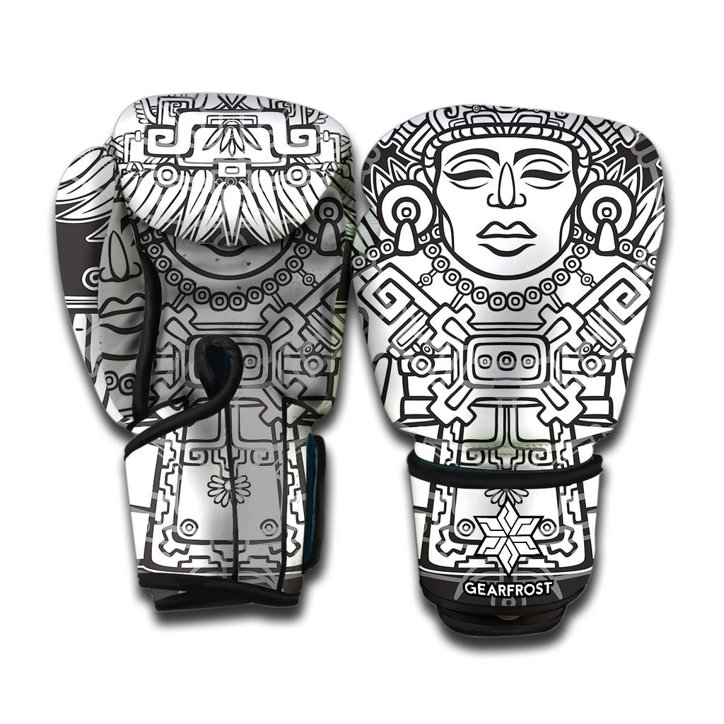 Blue And White Mayan Statue Print Boxing Gloves