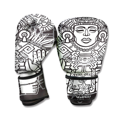Blue And White Mayan Statue Print Boxing Gloves