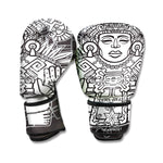 Blue And White Mayan Statue Print Boxing Gloves