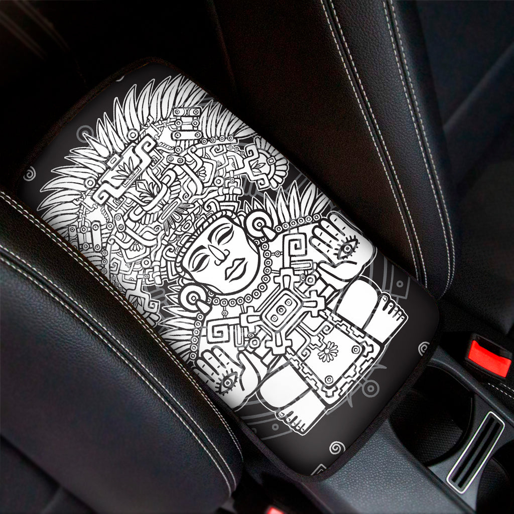 Blue And White Mayan Statue Print Car Center Console Cover