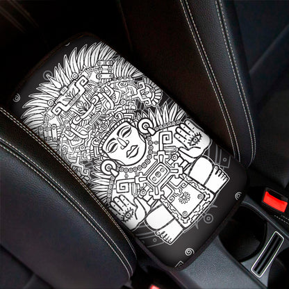 Blue And White Mayan Statue Print Car Center Console Cover