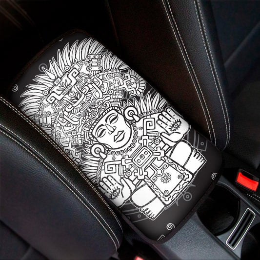 Blue And White Mayan Statue Print Car Center Console Cover