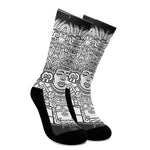 Blue And White Mayan Statue Print Crew Socks