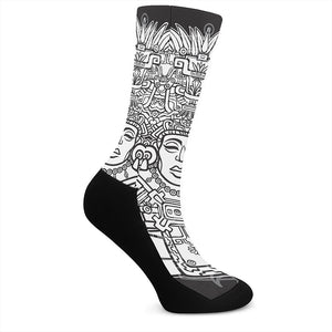 Blue And White Mayan Statue Print Crew Socks