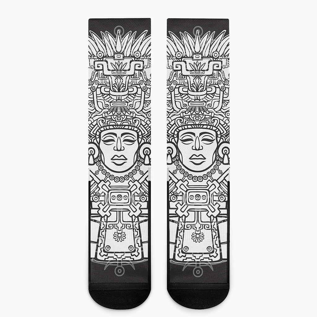 Blue And White Mayan Statue Print Crew Socks