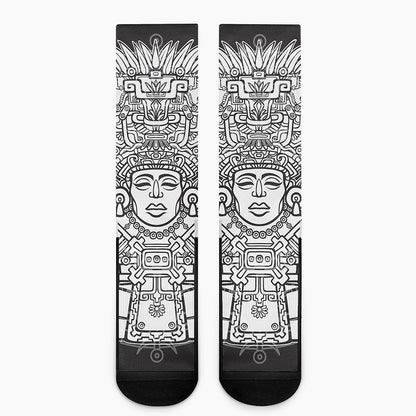 Blue And White Mayan Statue Print Crew Socks