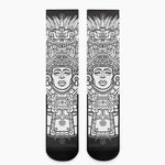 Blue And White Mayan Statue Print Crew Socks