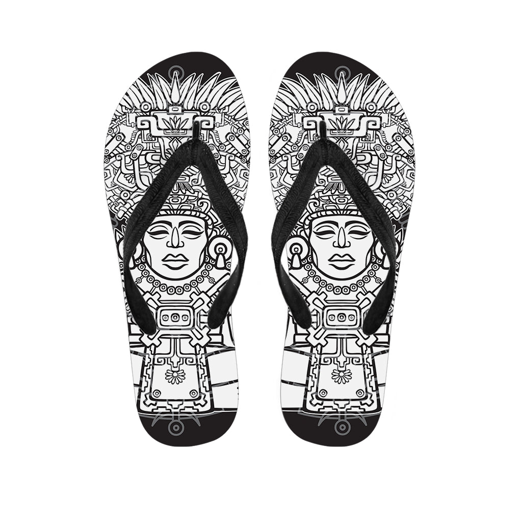 Blue And White Mayan Statue Print Flip Flops