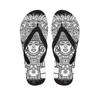 Blue And White Mayan Statue Print Flip Flops