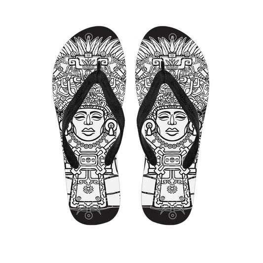 Blue And White Mayan Statue Print Flip Flops