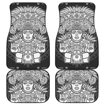 Blue And White Mayan Statue Print Front and Back Car Floor Mats