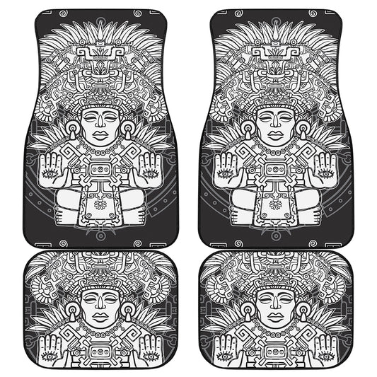 Blue And White Mayan Statue Print Front and Back Car Floor Mats