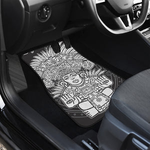 Blue And White Mayan Statue Print Front and Back Car Floor Mats
