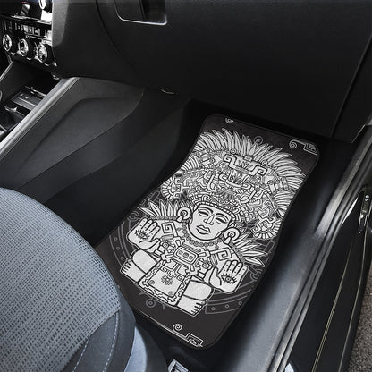 Blue And White Mayan Statue Print Front and Back Car Floor Mats