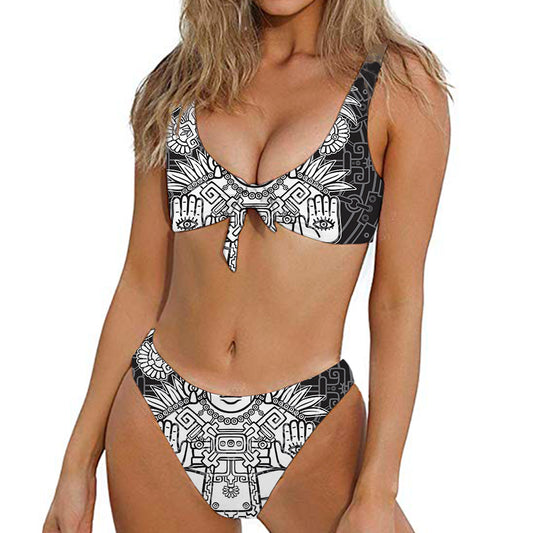 Blue And White Mayan Statue Print Front Bow Tie Bikini