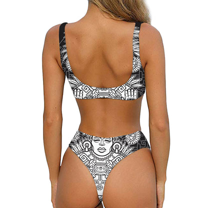 Blue And White Mayan Statue Print Front Bow Tie Bikini