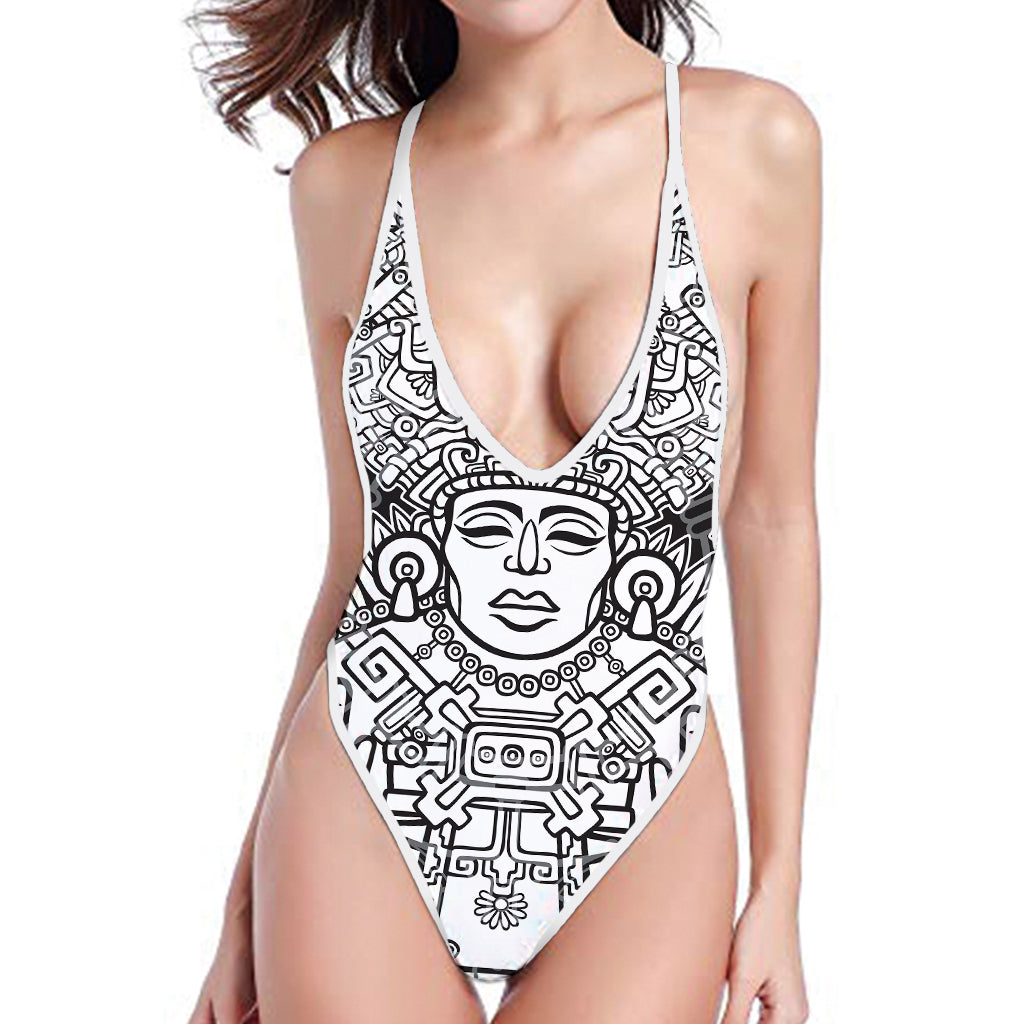 Blue And White Mayan Statue Print High Cut One Piece Swimsuit