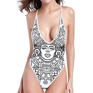Blue And White Mayan Statue Print High Cut One Piece Swimsuit