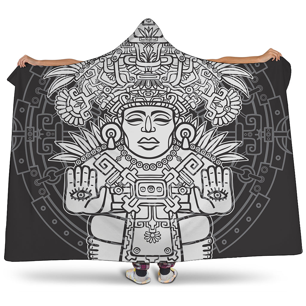 Blue And White Mayan Statue Print Hooded Blanket
