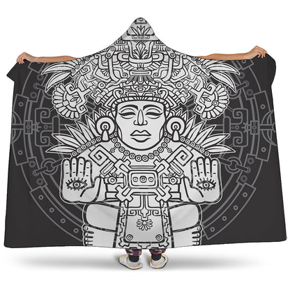 Blue And White Mayan Statue Print Hooded Blanket