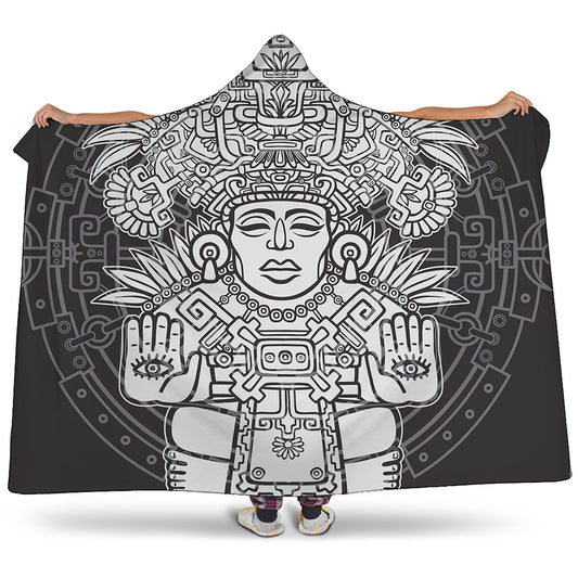 Blue And White Mayan Statue Print Hooded Blanket