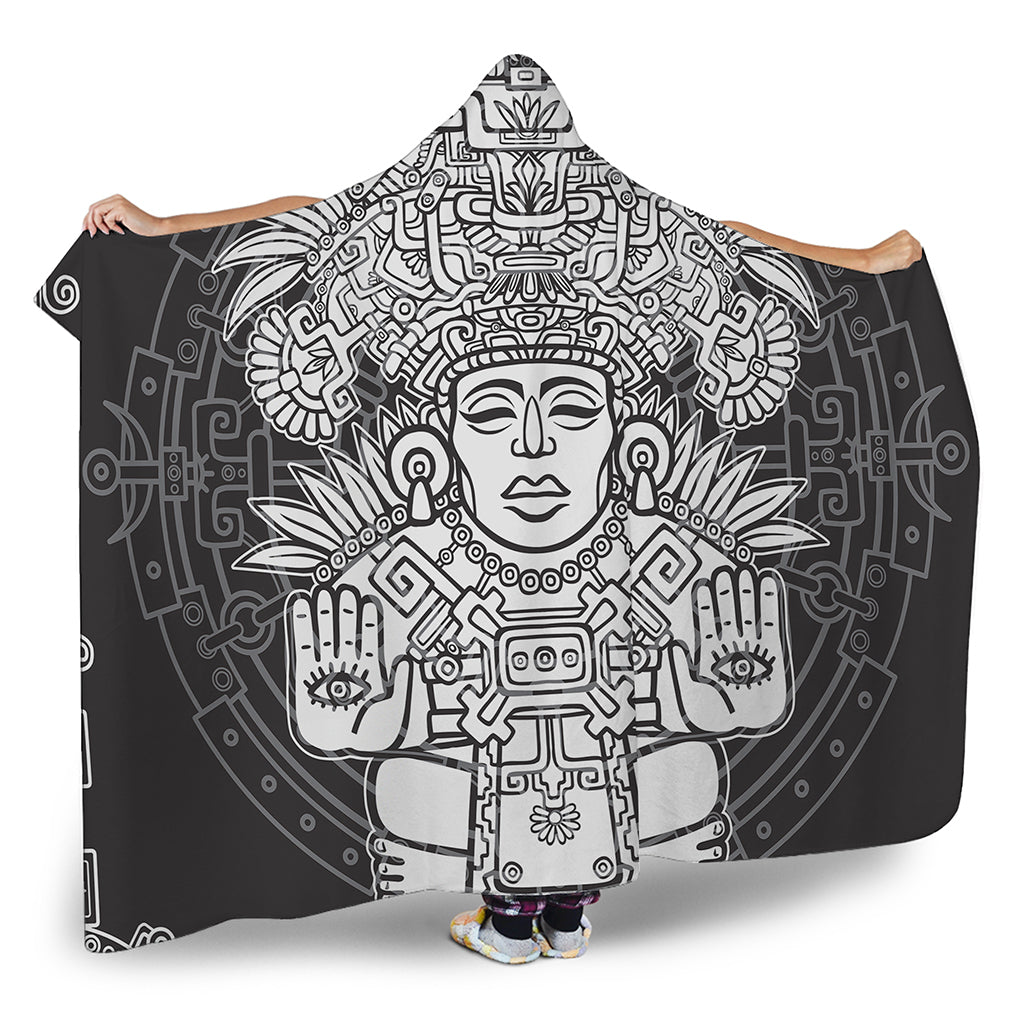 Blue And White Mayan Statue Print Hooded Blanket