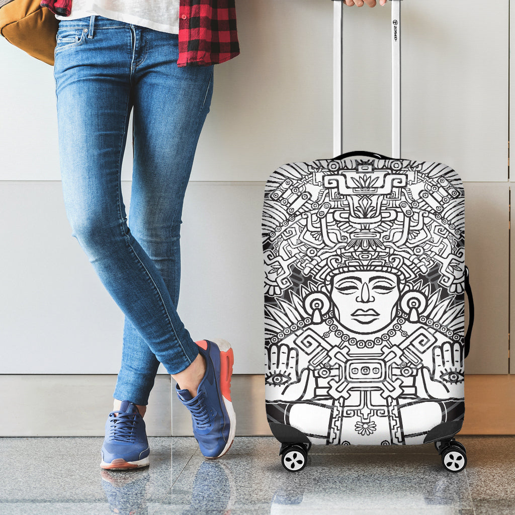 Blue And White Mayan Statue Print Luggage Cover
