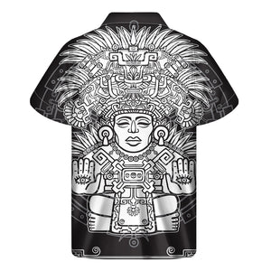 Blue And White Mayan Statue Print Men's Short Sleeve Shirt