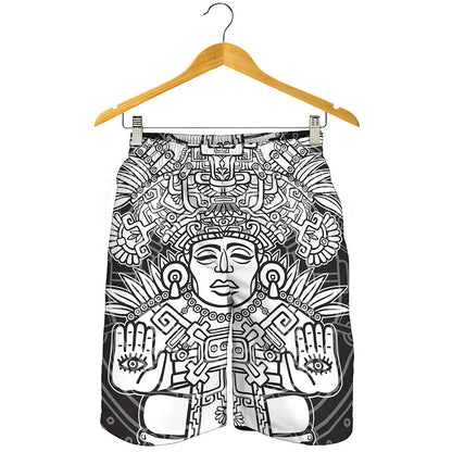 Blue And White Mayan Statue Print Men's Shorts