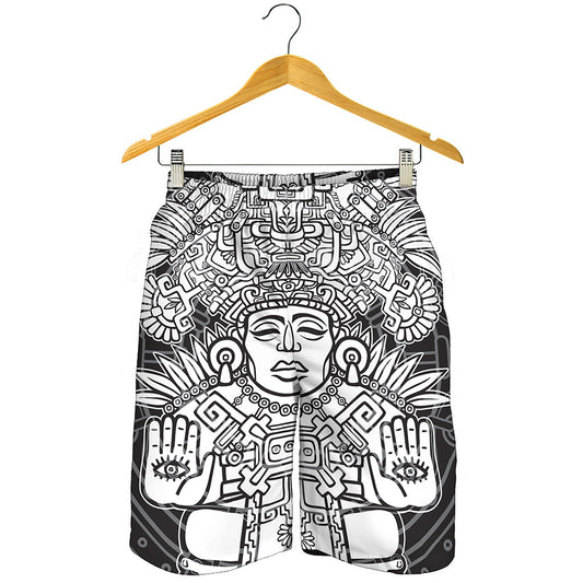 Blue And White Mayan Statue Print Men's Shorts