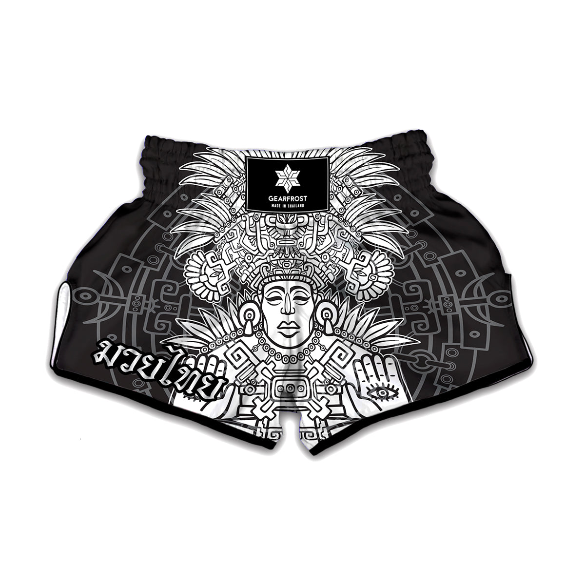 Blue And White Mayan Statue Print Muay Thai Boxing Shorts